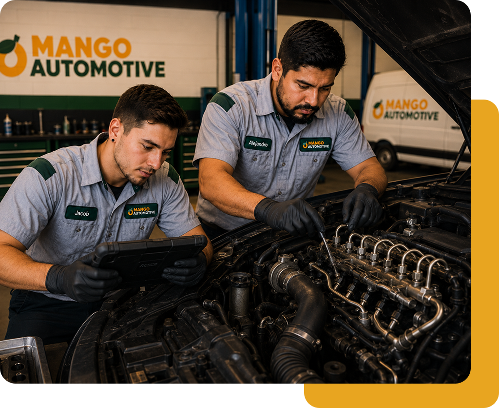 Two mechanics in gray uniforms working on a car engine at Mango Automotive garage