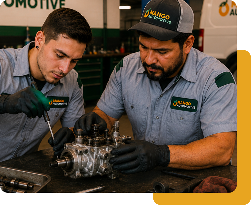 Two mechanics in gray uniforms inspecting a metal engine part on a workbench