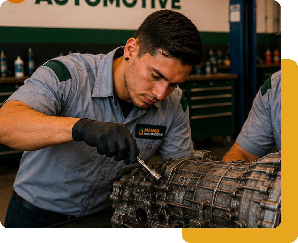 Mechanic in gray shirt uses a wrench on a car transmission in an auto shop