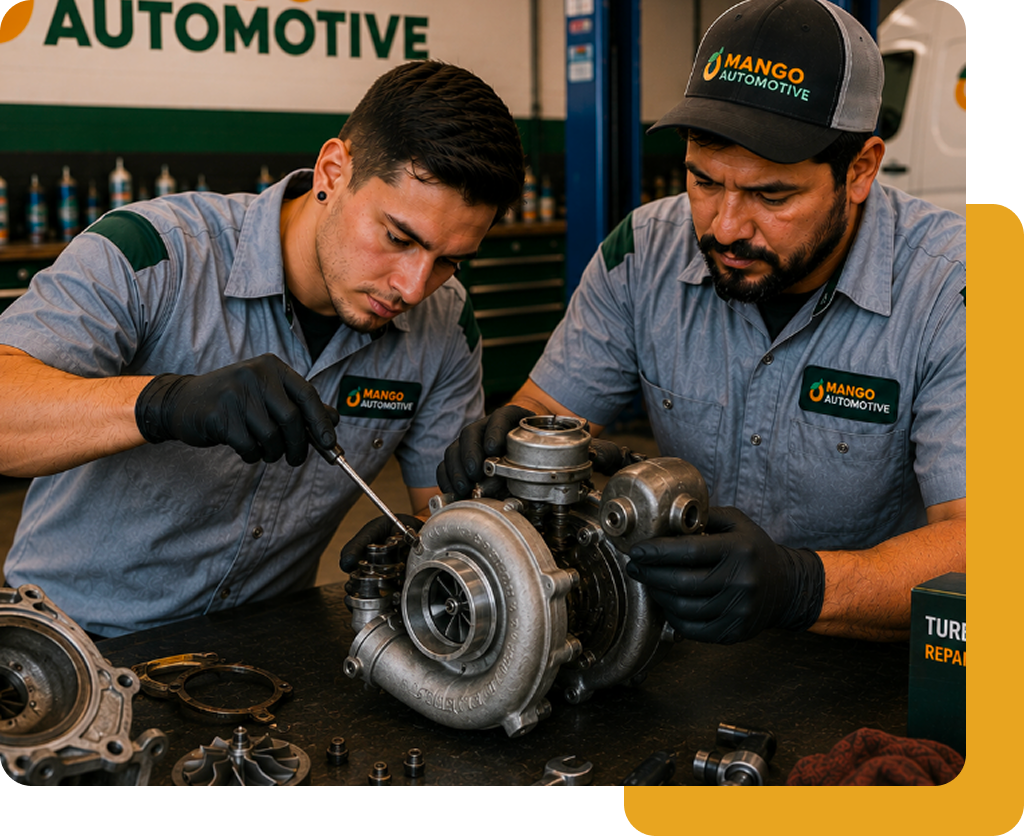 Two mechanics in gray uniforms inspect and repair a turbocharger on a workbench in a workshop.