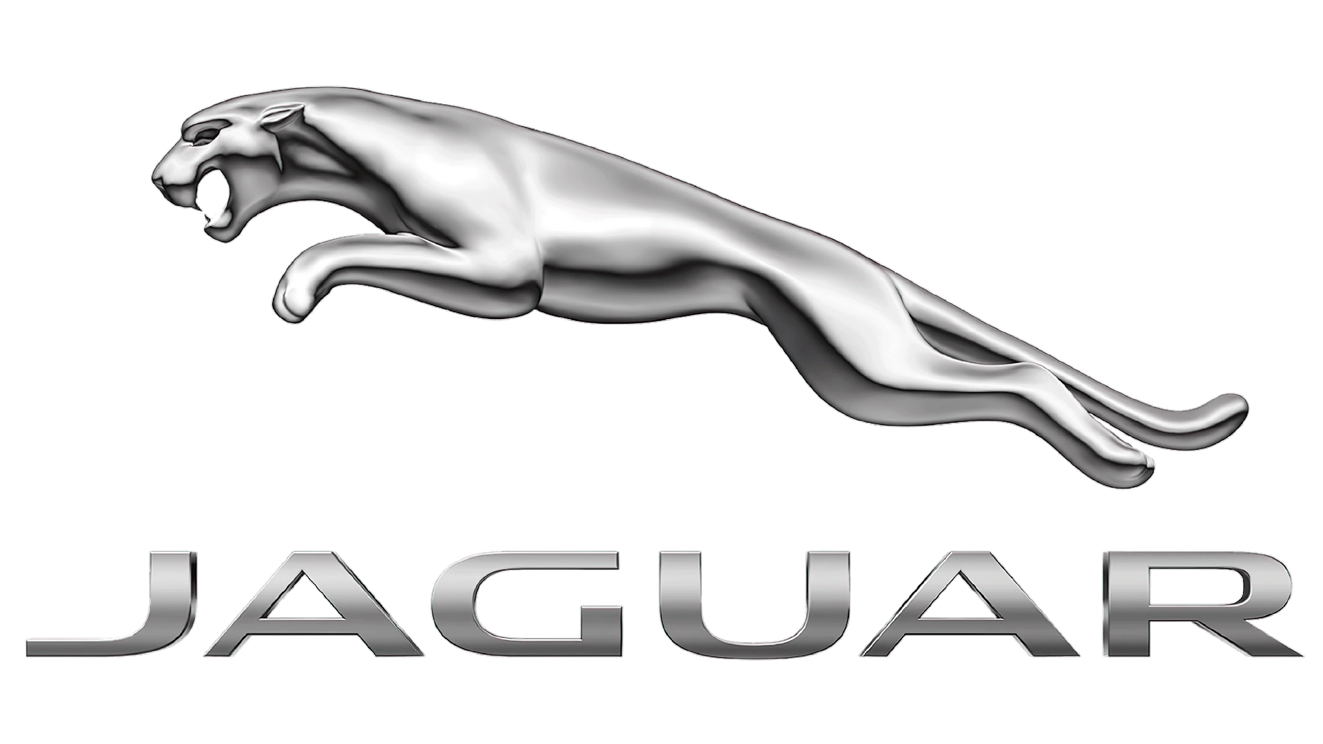 Jaguar leaping cat logo in silver above the word JAGUAR