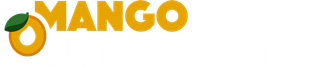 Mango logo in orange and green with a sliced mango icon on a white background