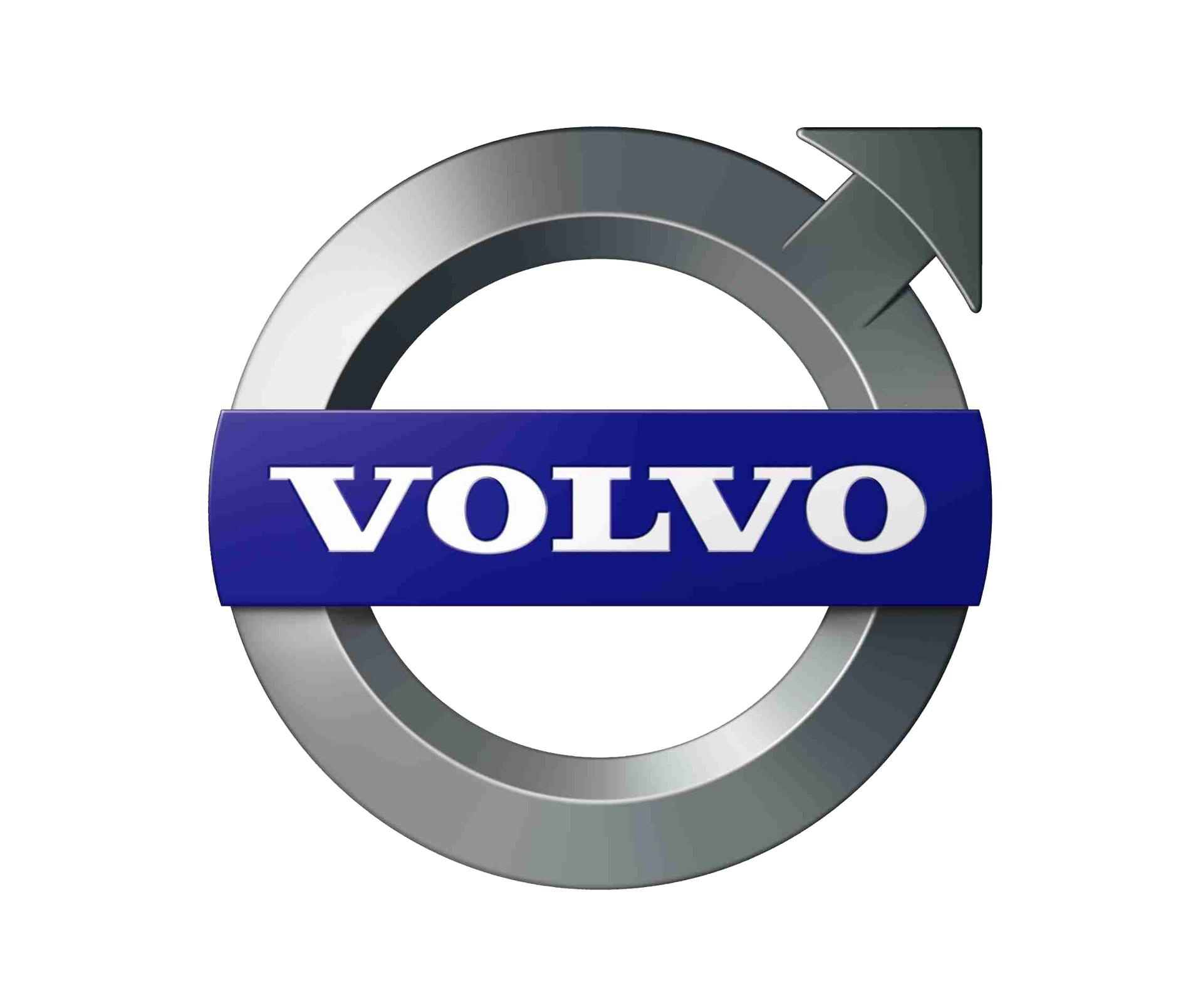 Volvo logo with silver circle and blue banner on white background