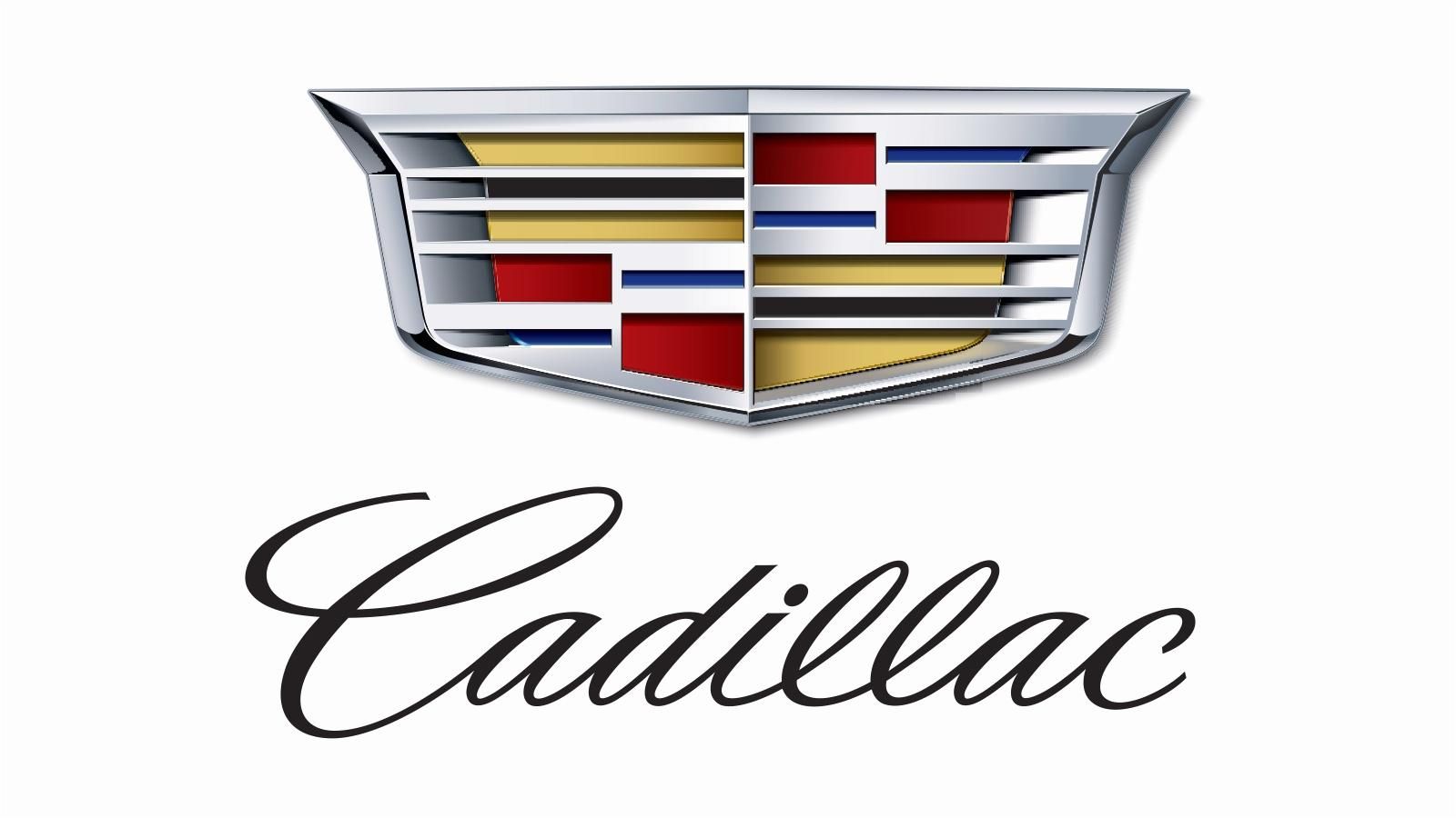 Cadillac logo with multicolored crest and script wordmark on a white background