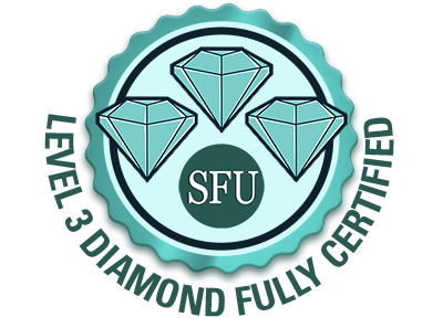 Circular badge: teal diamonds,