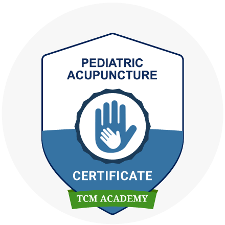 Certificate badge for Pediatric Acupuncture: blue hand holding a smaller hand, with “Pediatric Acupuncture” and “Certificate”
