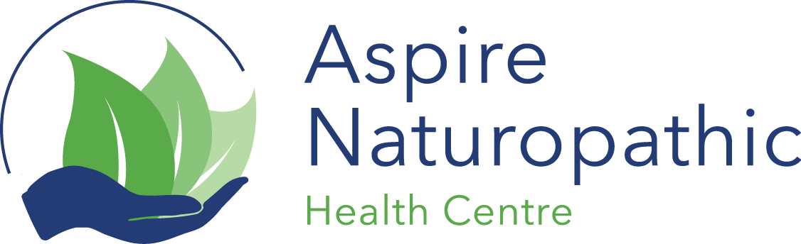 Logo for Aspire Naturopathic Health Centre: a hand holding three green leaves in a blue circle, with the name and