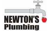 Newton's Plumbing logo: Faucet, pipe, company name, red apple.