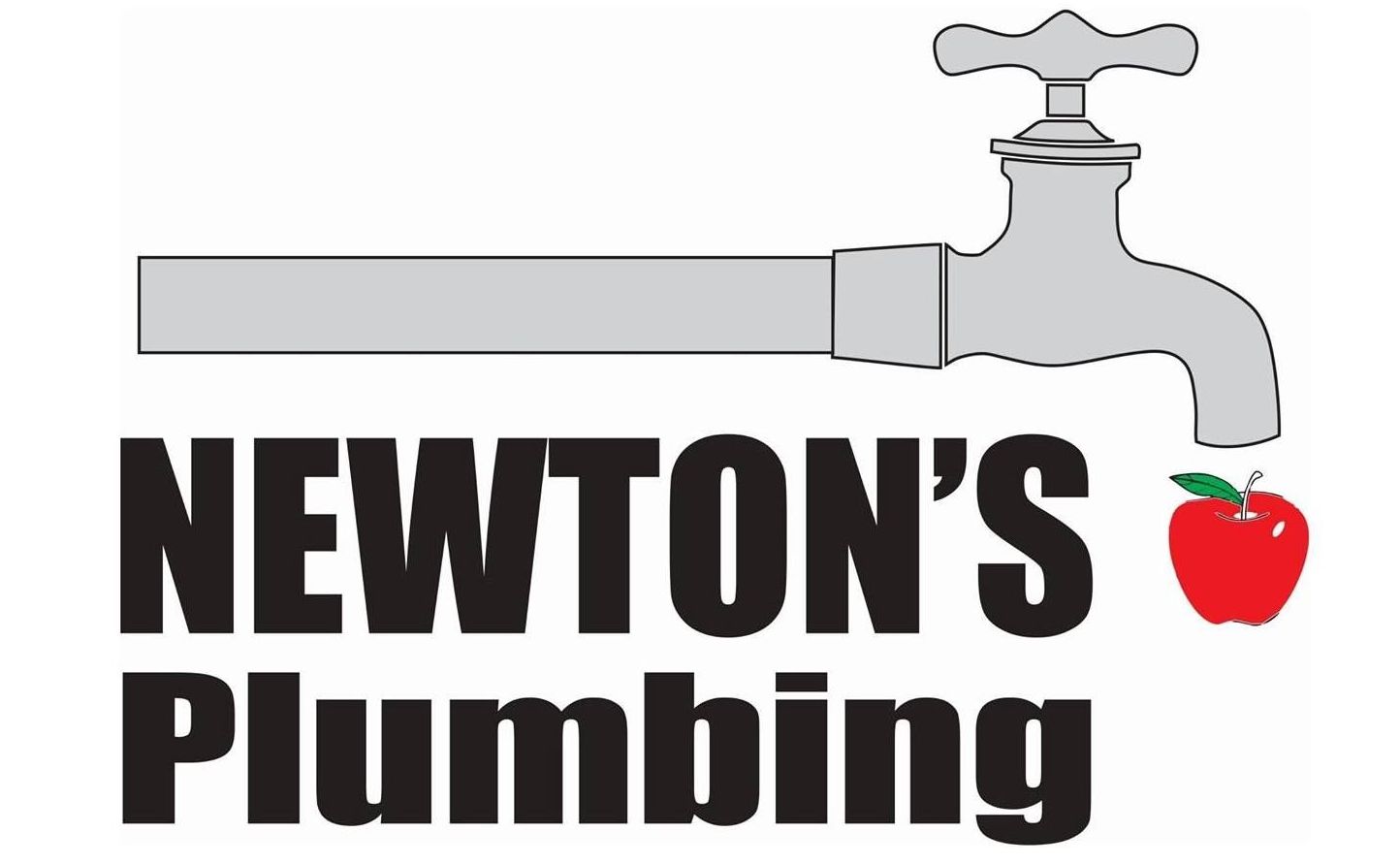Newton's Plumbing logo: Faucet, pipe, company name, red apple.