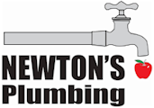 Newton's Plumbing logo with faucet and a red apple. Black text on white background.
