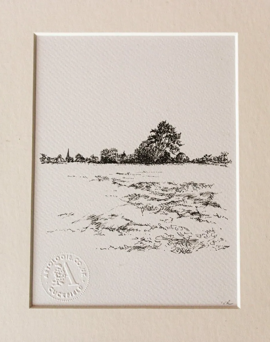 Black and white fine line drawing print of the line of trees walking towards cuckfield church across ockenden field Cuckfield from original pen drawing by Wendy Rowark