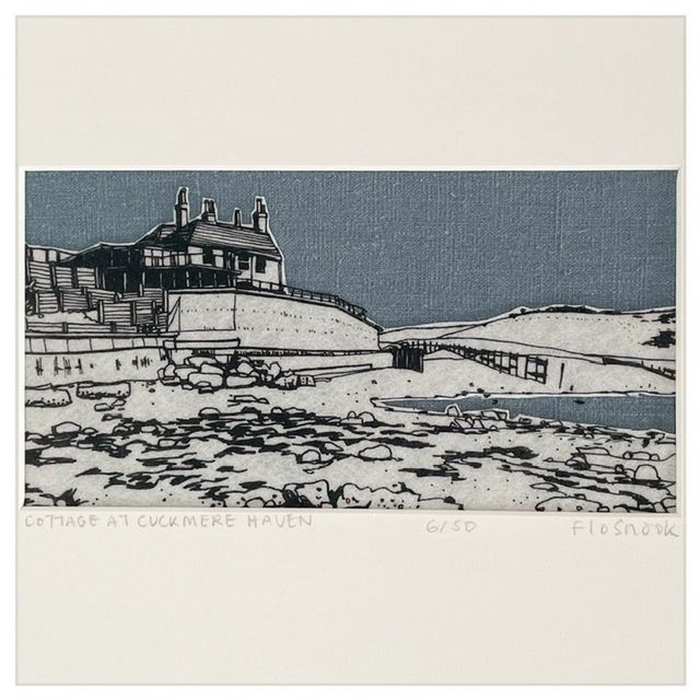 Flo snook textile print grey blue linen with printed black line on ovrlayed white fabric ground view of cottages at cuckmere haven