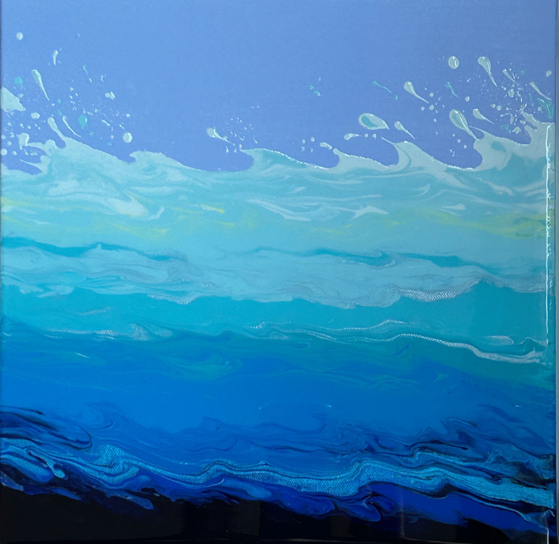 original high gloss acrylic resin painting splash blue tones on contrast flat cobalt painted canvas