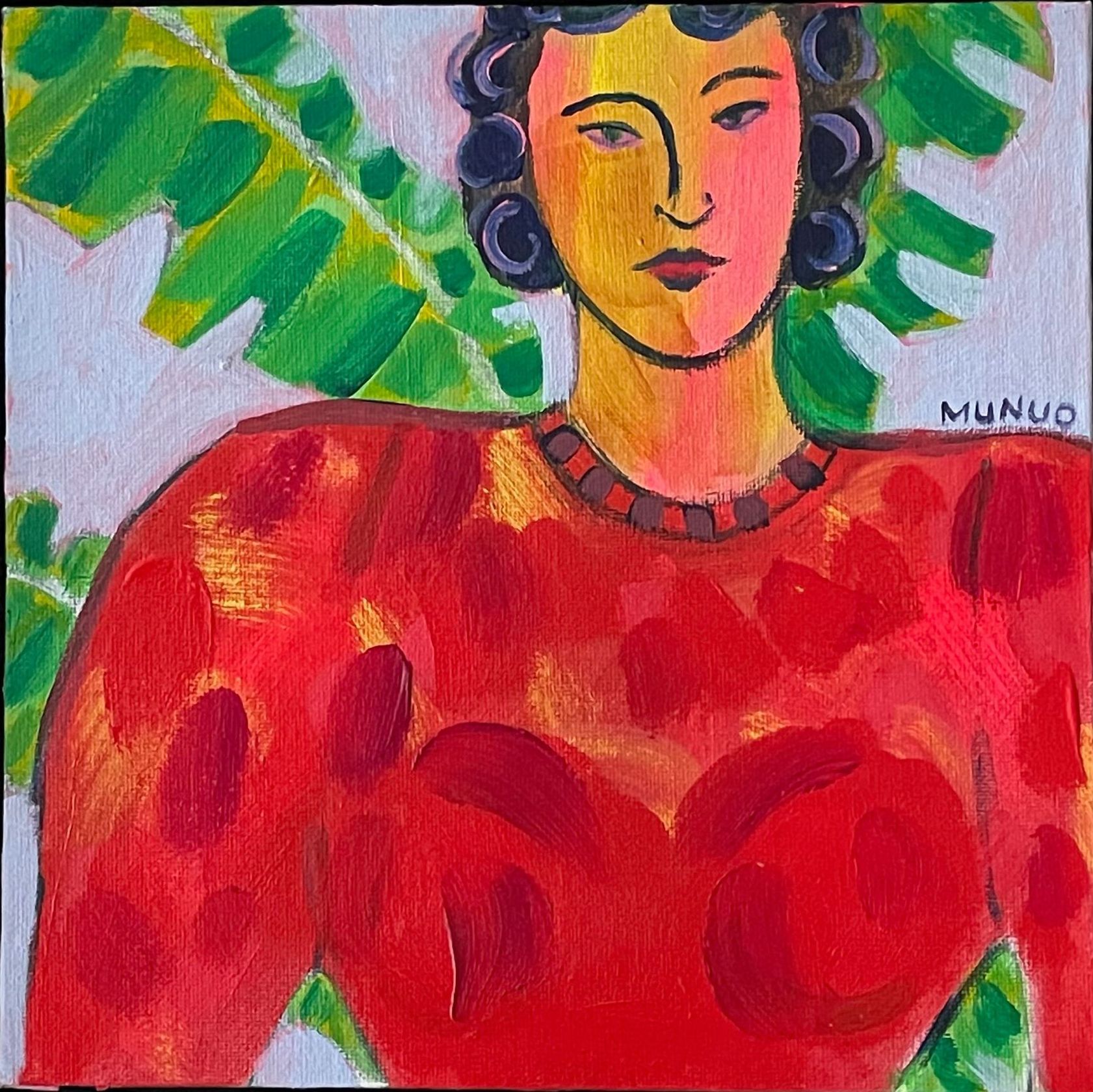 Naomi Munuo framed bright colour acrylic painting girl with red jumper and purple green leafy plant behind