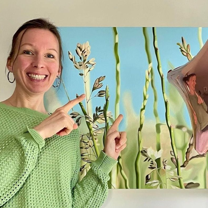Rebecca Herrington sussex artist in front of her successful submission painting RA summer show 2024