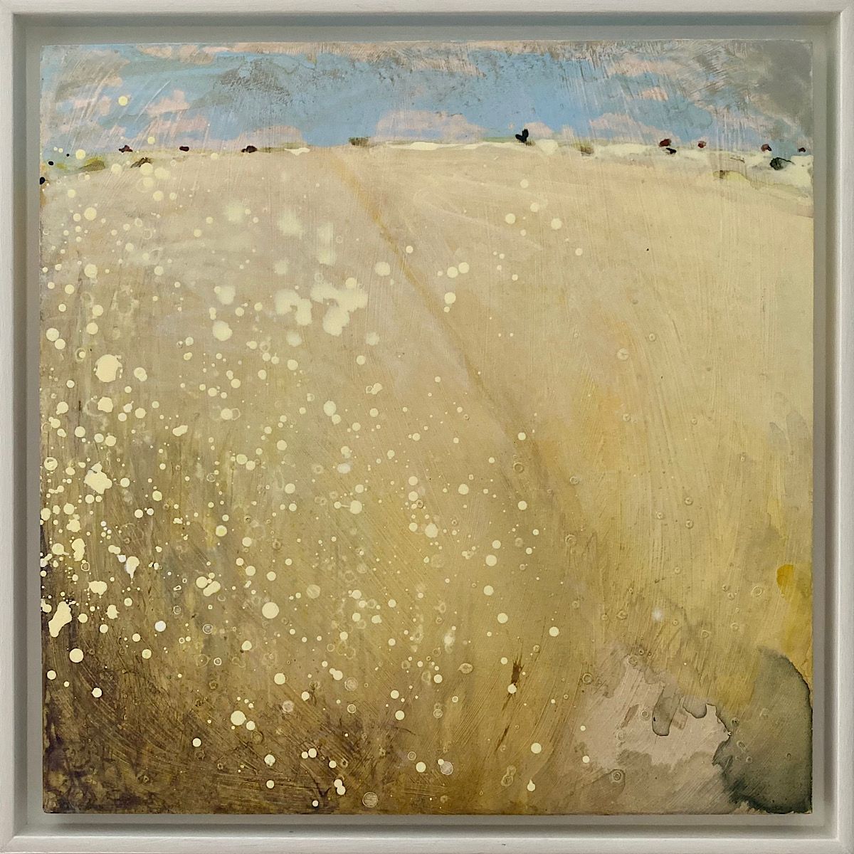 Square original painting by artist Nichola Campbell in Ink and Acrylic. Pale yellow abstract field with curved horizon and blue sky in top third