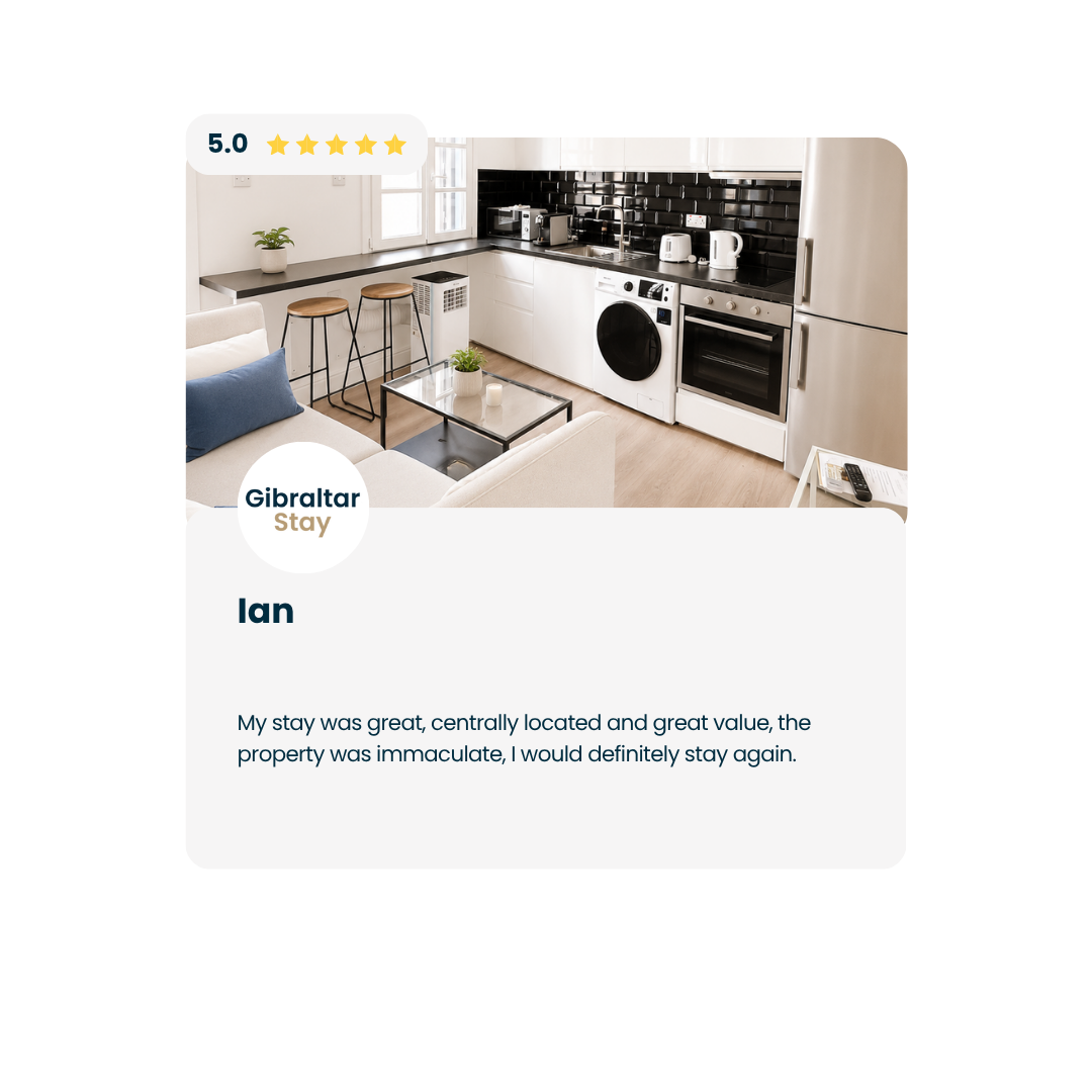 Stylish kitchen with white cabinets, black backsplash, island, and stainless steel appliances in a review card.