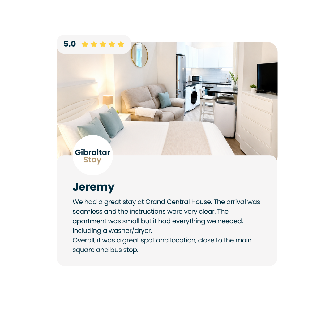 Hotel room review card showing a bright bedroom, desk, TV, and 6.0 rating by Jeremy