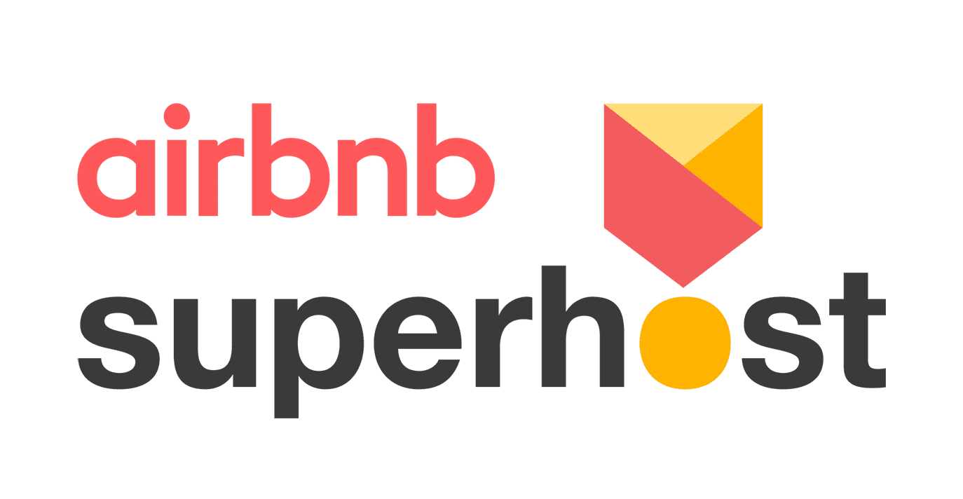 Airbnb superhost logo in red, black, yellow, and orange on a white background