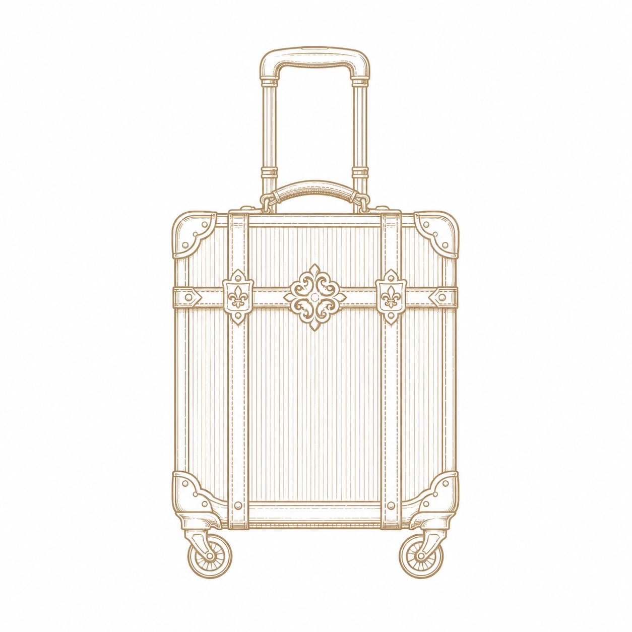 Three stacked white vintage suitcases with gold clasps on a wooden floor