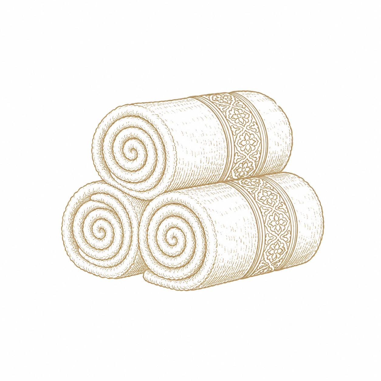 Three rolled white towels stacked on a woven chair
