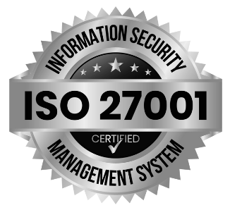 A certified iso 27001 seal with a check mark on it.