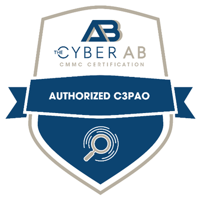 Badge for The Cyber AB, CMMC Certification: "Authorized C3PAO" in white on blue, with a magnifying glass icon.