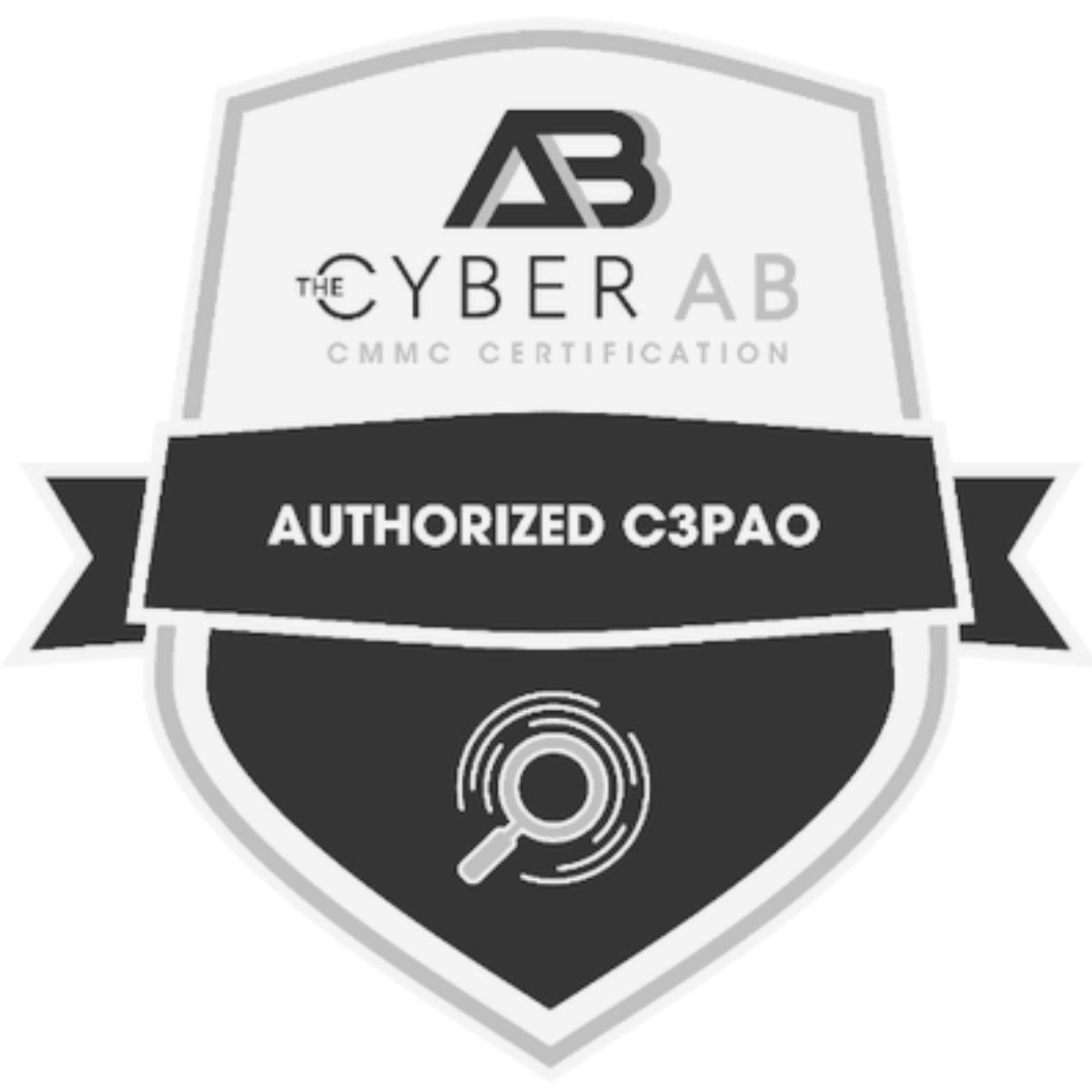 The Cyber AB Authorized C3PAO badge with a shield design, text, and a magnifying glass icon.