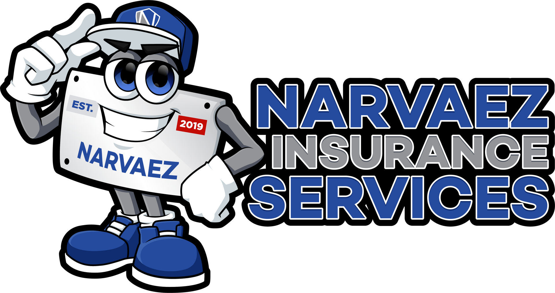 The logo for narvaez insurance services shows a cartoon character holding a license plate.