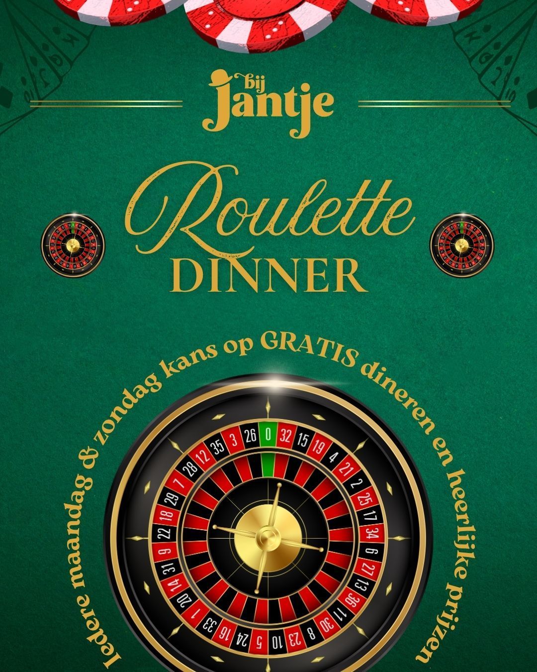 Groene promotieposter voor Jantje Roulette Dinner met een roulettewiel en gouden letters.