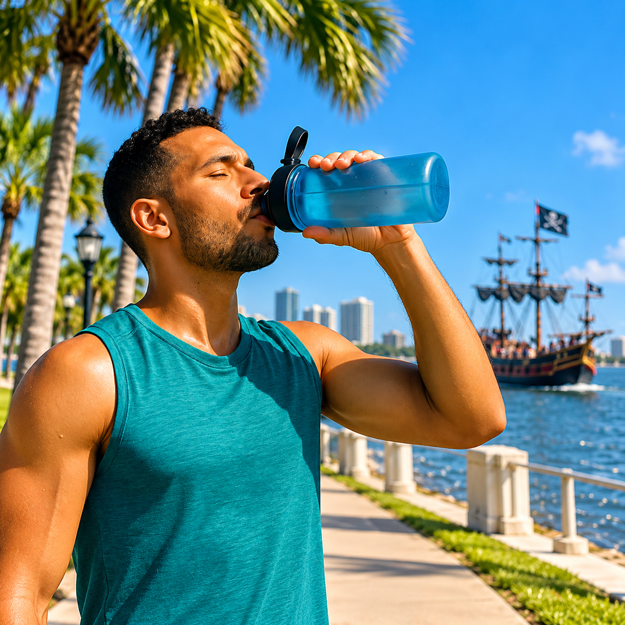 Athlete drinking water after a run in Tampa, ready for a mobile NobleMed IV recovery session at home