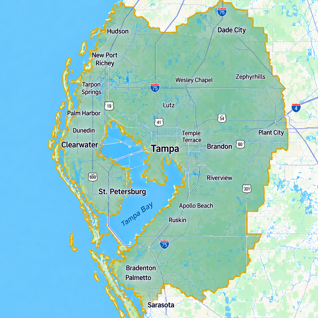 NobleMed IV Tampa Bay mobile IV therapy service area map covering Hillsborough, Pinellas, Pasco, Manatee and Sarasota counties