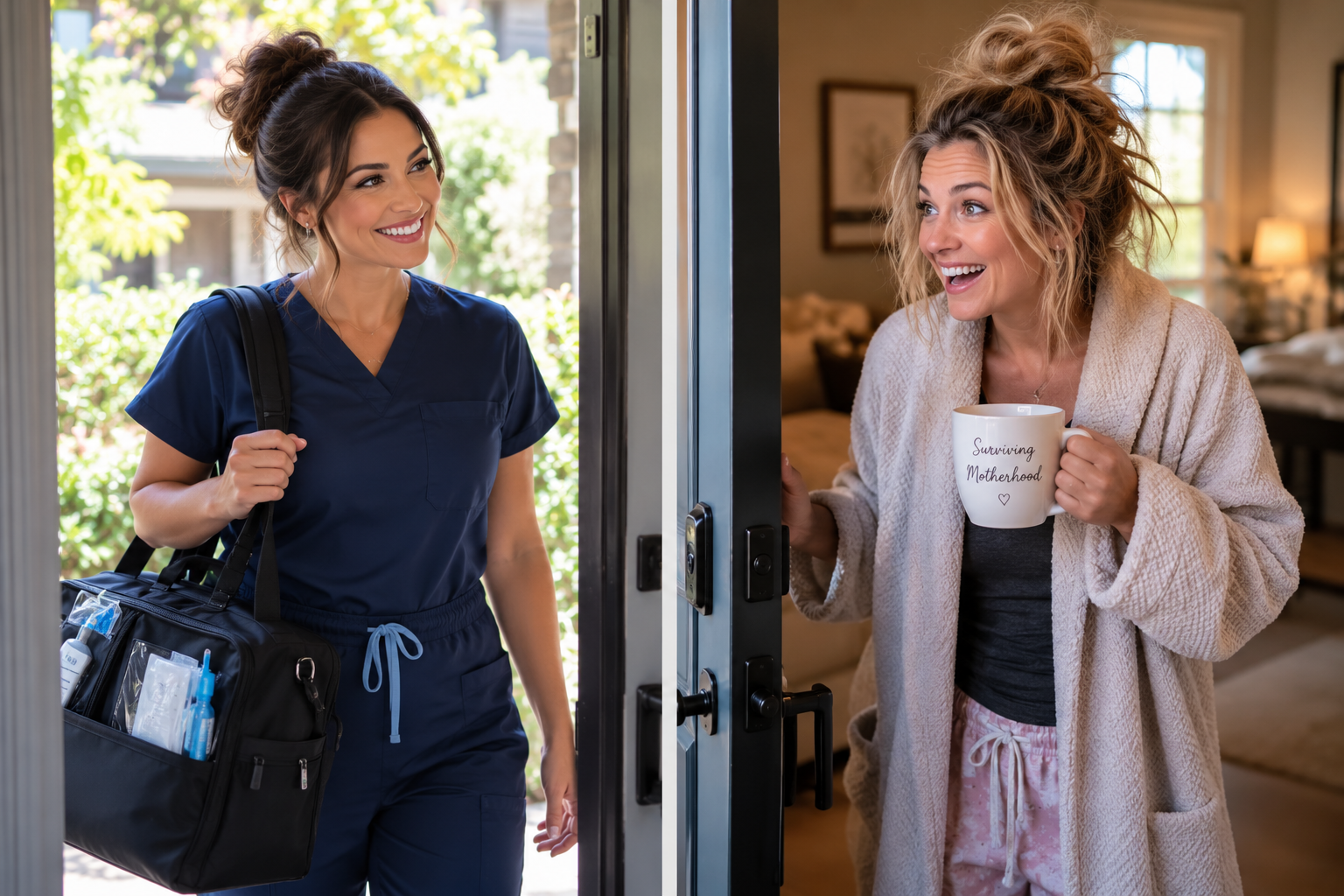 Nurse in scrubs arriving at a Tampa home where a woman in a robe greets her for hangover IV care