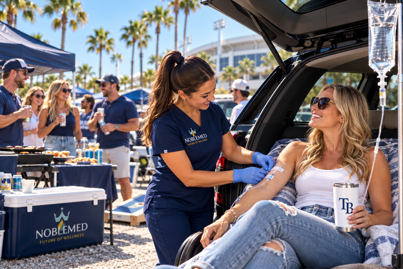 NobleMed IV therapy nurse providing mobile IV hydration at a Tampa Bay Rays tailgate in Saint Petersburg, Florida.
