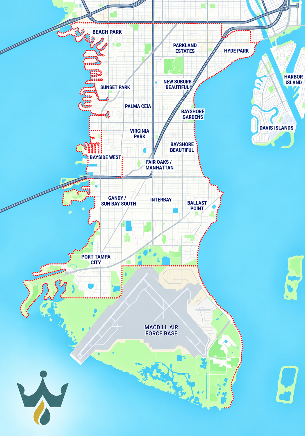 NobleMed IV service area map of South Tampa neighborhoods and MacDill Air Force Base.