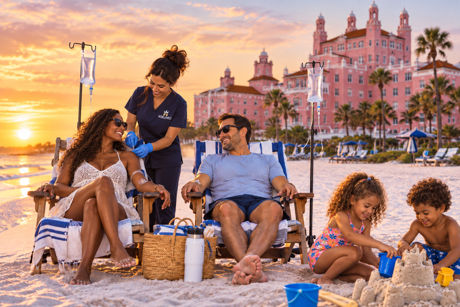 Golden-Hour-Family-Sandcastle-Beach-Day-Getting-Hydration-IV