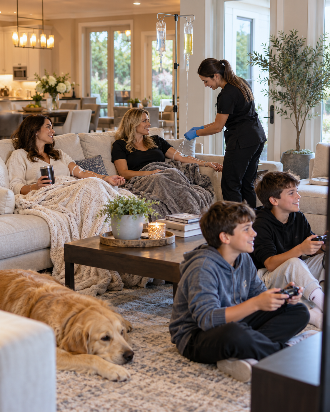 Family relaxing at home in Bradenton with their dog during an in-home NobleMed IV visit
