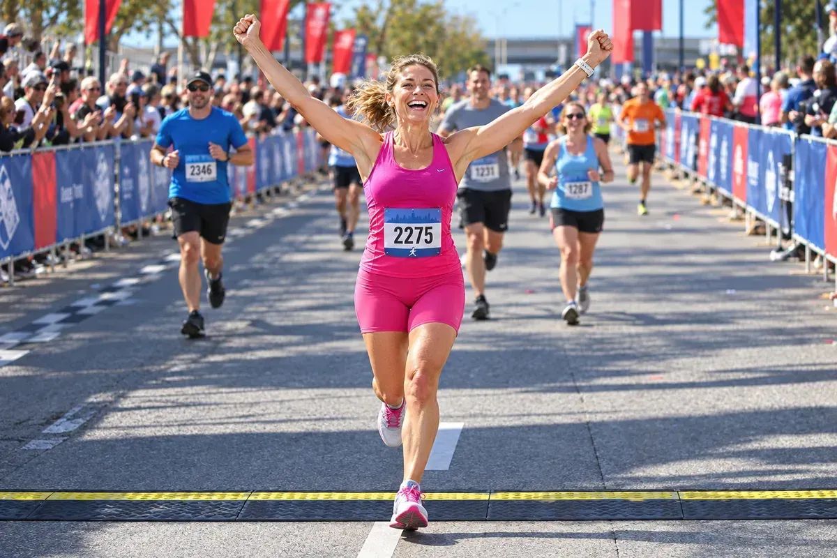 Runner crossing the finish line at the Gasparilla Half Marathon in Tampa, Florida