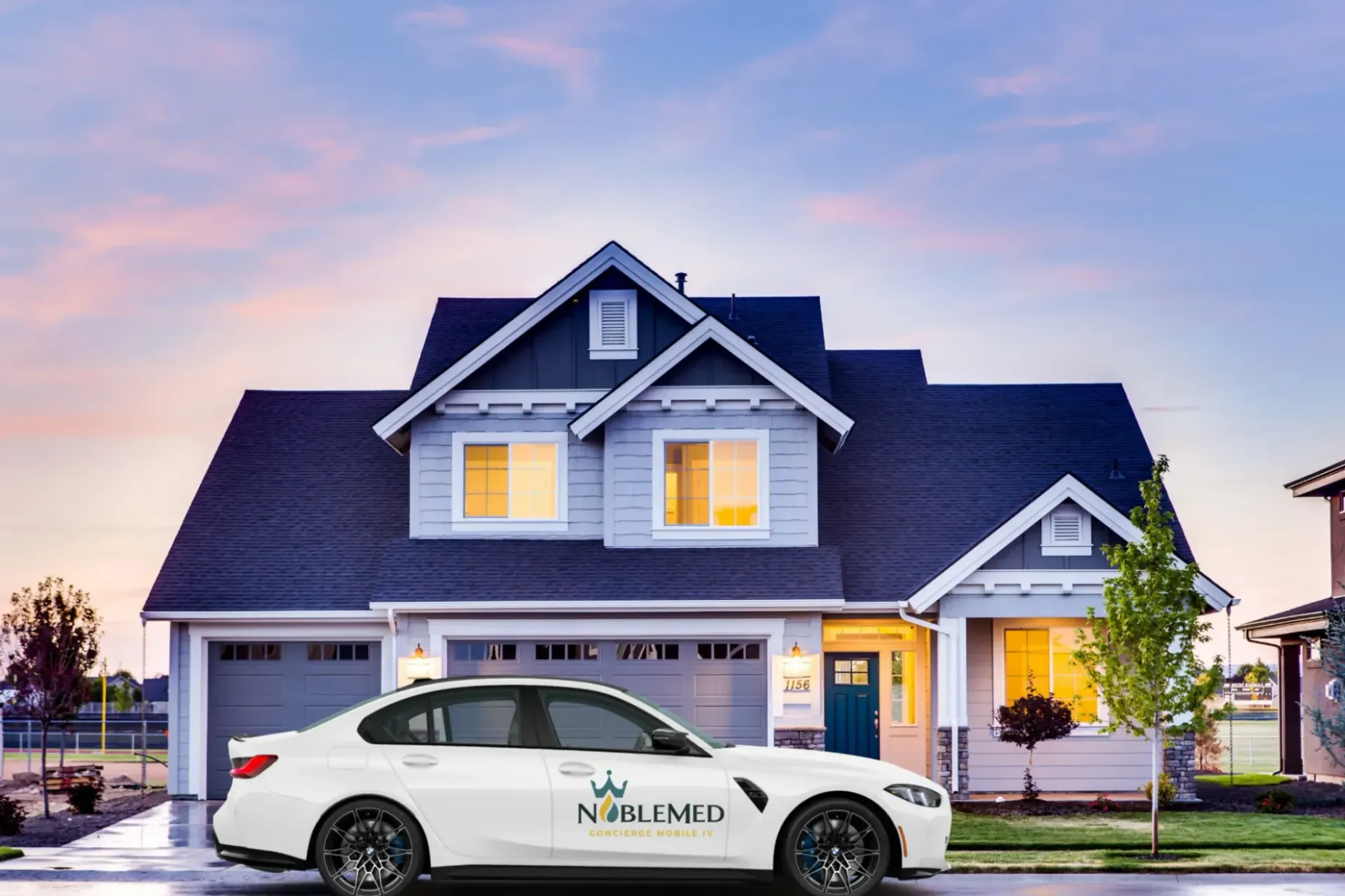 Branded NobleMed IV mobile therapy vehicle parked outside a residential home, representing at-home