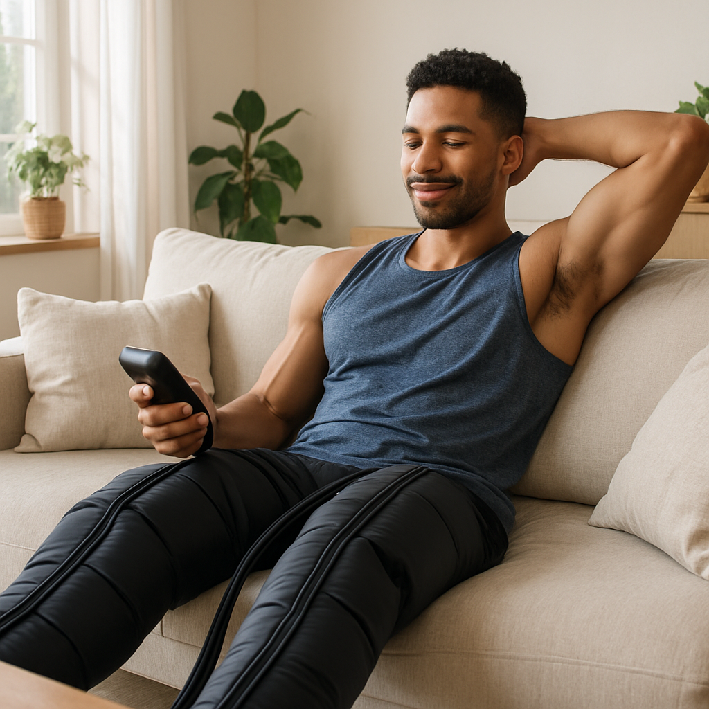 Man relaxing on a couch, smiling at a phone with one hand behind his head