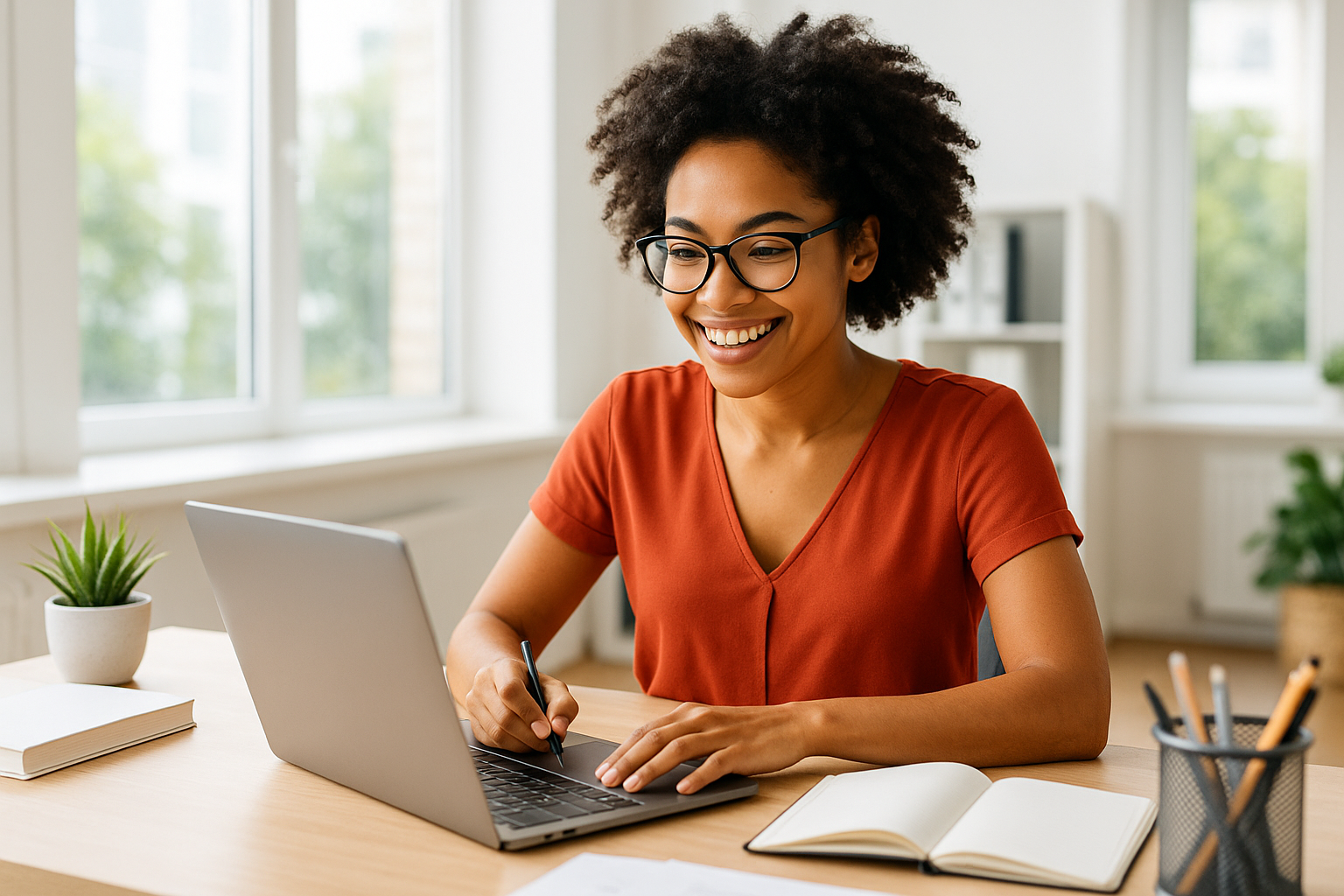 Person smiling at a laptop and notebook on a bright desk