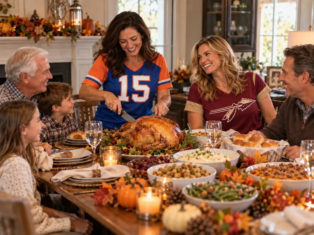 Tampa family in orange-and-blue and garnet-and-gold jerseys sharing Thanksgiving dinner with turkey 