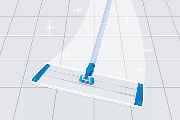 A blue and white floor mop cleaning a tiled floor, highlighted with sparkles to suggest cleanliness.