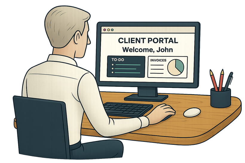 Person using a desktop computer with a “Client Portal” welcome screen at a desk