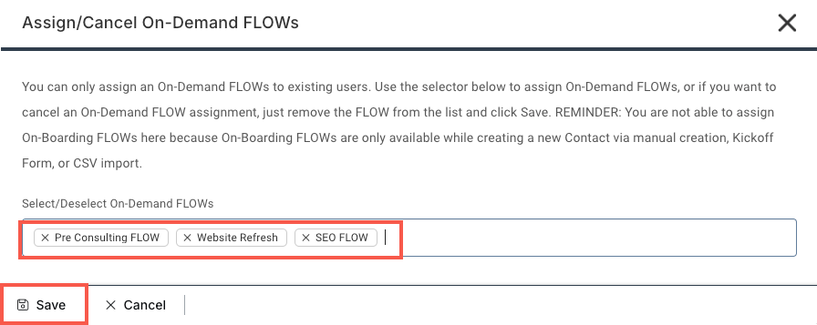 A screenshot of a web page that says `` assign cancel on demand flows ''.