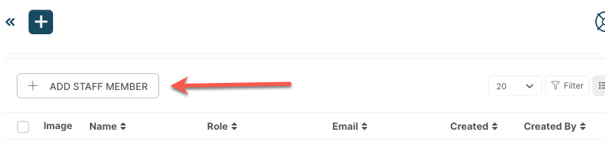 A screenshot of a website with a red arrow pointing to the add staff member button.