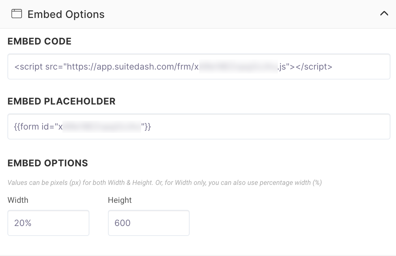 A screenshot of the embed options page on a website.