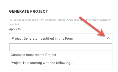 A red arrow is pointing to the project generator identified in this form.