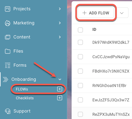 A screenshot of a website showing the add flow button
