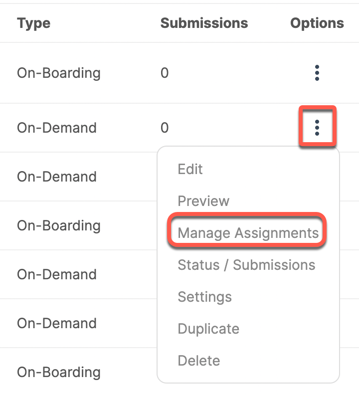 A screenshot of the manage assignments menu on a computer.